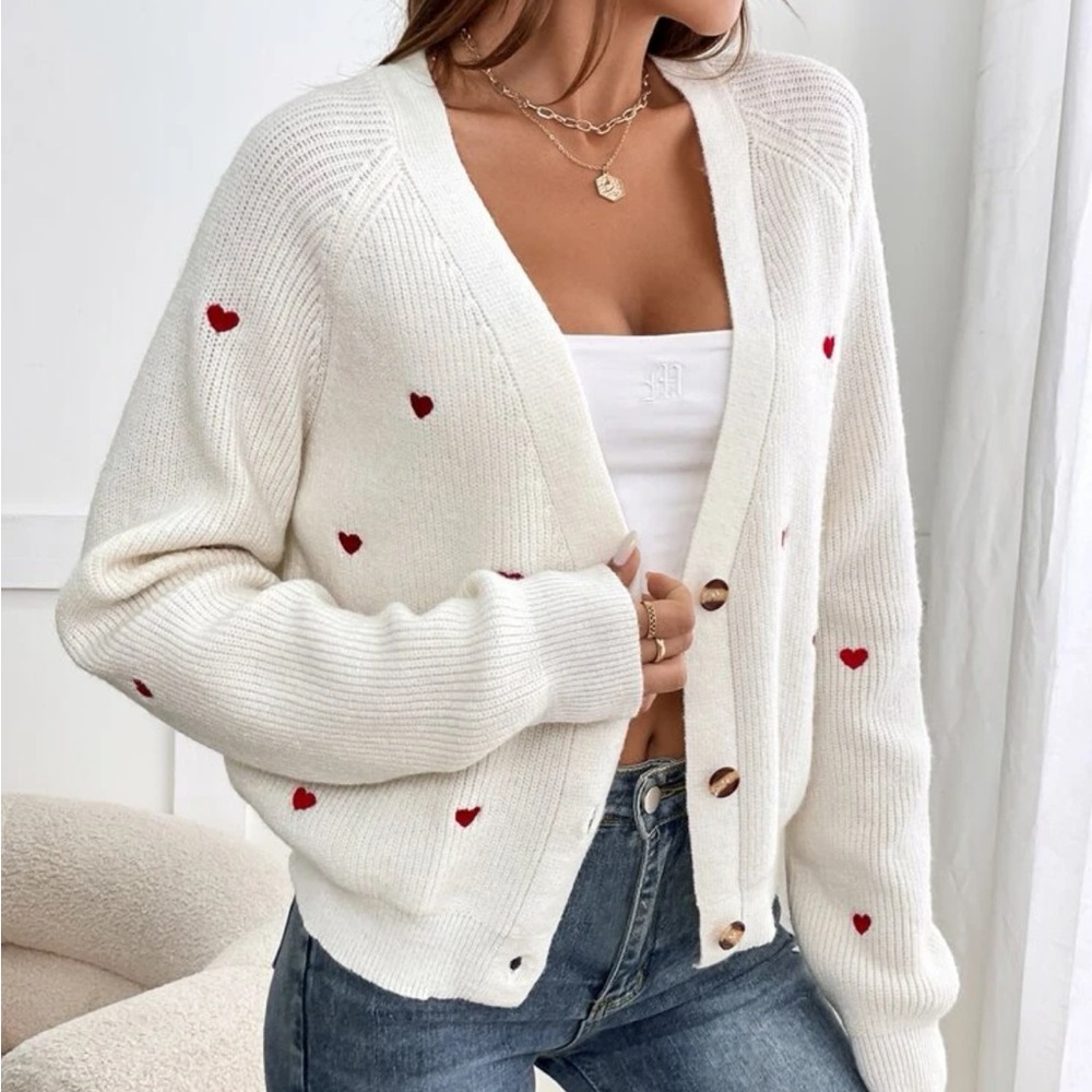 Women's White Heart Pattern Sweater